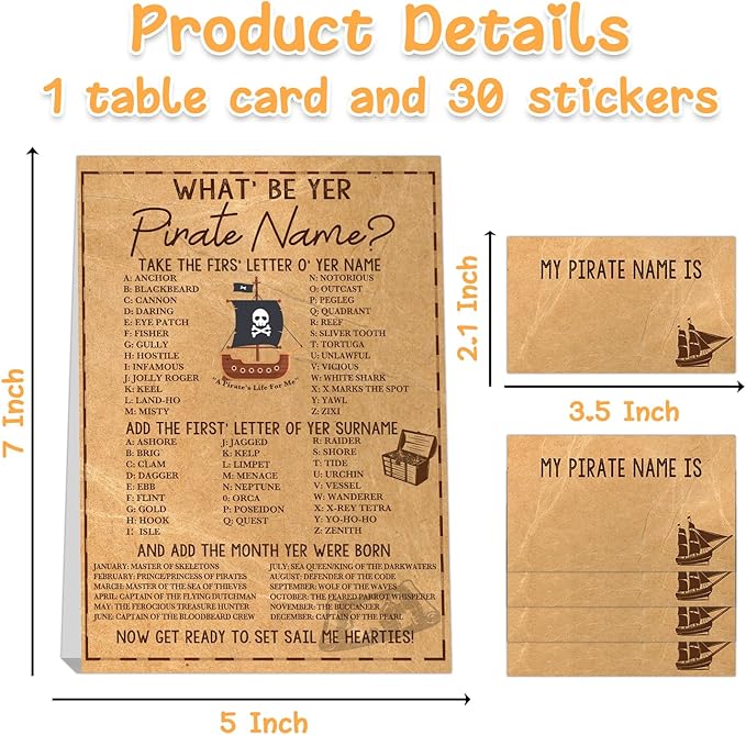 Pirate Birthday Decorations - 30 PCS What's Your Pirate Name Sign and Stickers Set, Treasure Hunt Birthday Party Supplies, Nautical Theme Pirate Party Favor