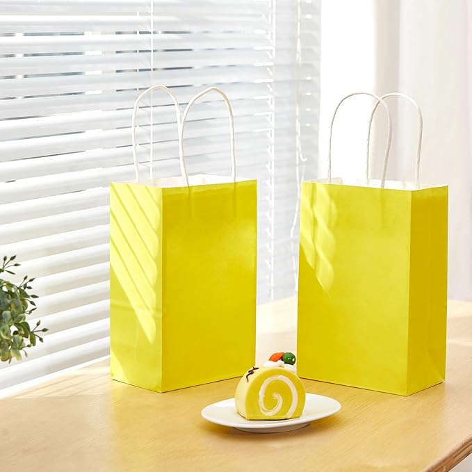 SUNCOLOR 12-Pack Yellow Gift Bags with Handles, 8 Inch Recyclable Paper Goodie Bags for Party Favors, Easter, Birthdays, Baby Showers
