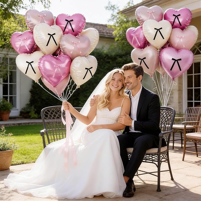 Pink White Heart Balloons with Ribbon Bow, 12 Pcs Pastel Baby Pink Cream Heart Shape Foil Balloon, 18 Inch Helium Balloon with Bow Decor for Girls Birthday Baby Shower Bridal Wedding Coquette Party