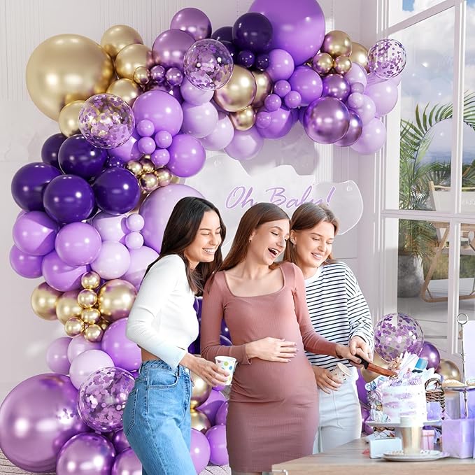 147pcs Purple and Gold Balloon Arch Kit, Party Decorations with Purple Light Purple Dark Purple Metallic Purple Balloons for Birthday Wedding Baby Shower Party Decoration Women