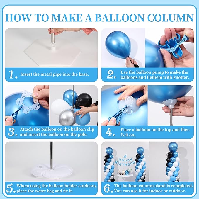 Blue and Silver Black Balloon Column Stand Arch Kit Set of 2 for Floor with 120PCS Blue Black Silver White Balloon Towers for Boys Men Birthday Party Graduation Decorations