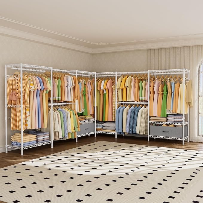 Golpart Coat Rack Clothes Wardrobe：Closet Organizer and Storage Clothing Garment Rack with Shelves Heavy Duty for Hanging Clothes Portable Adjustable White 15.8" DX(70-88)" WX76.5 H