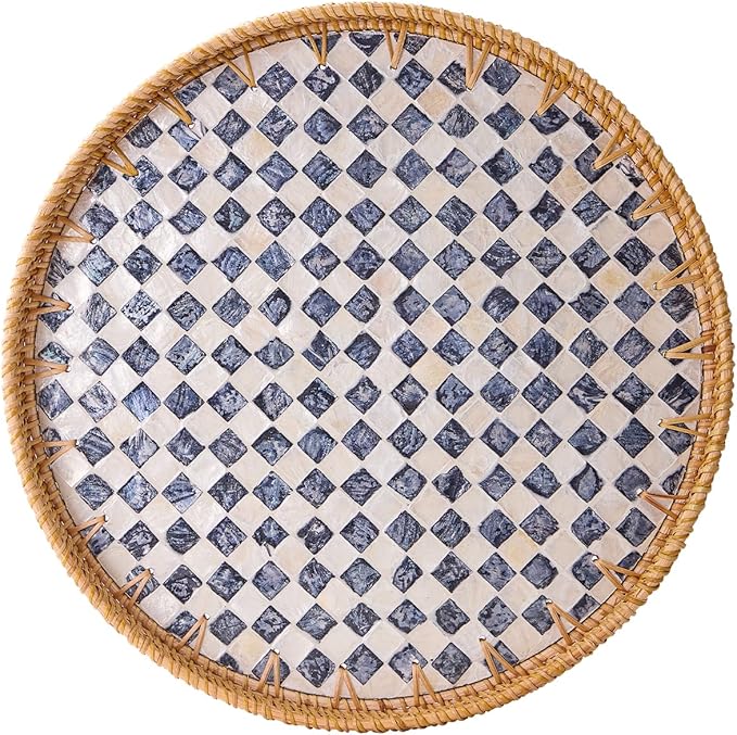 Round Rattan Tray with Mother of Pearl Inlay, Rattan Serving Tray with Wooden Base, Decorative Wicker Basket for Table Decor, Storage and Display of Coffee Bread Food Fruit (Checkerboard 11.8")