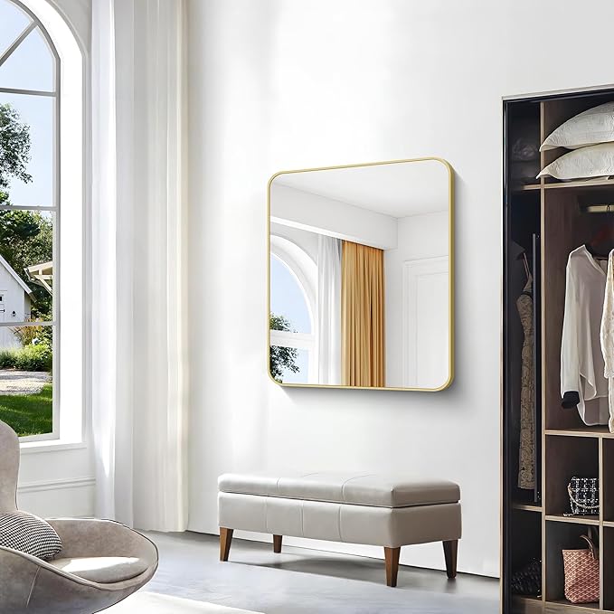 Gold Bathroom Mirror,30x36 inch Wall Mirror for Bathroom Wall Mounted,Round Rectangle Mirror for Bathroom Over Sink,Modern Frame for Home Decor Living Room,Bedroom Entryway,Horizontal/Vertical