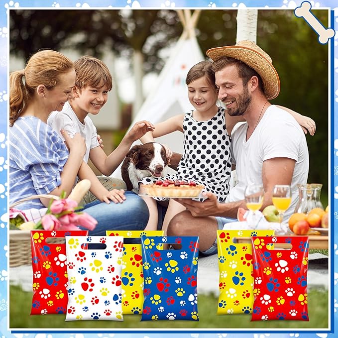 Pasimy 100 Pcs Dog Paw Gift Bags Bulk Pet Paw Puppy Plastic Treat Favor Candy Goodie Bags with Handle for Dog Birthday Party Decoration Supplies (Dark Blue Yellow Red)