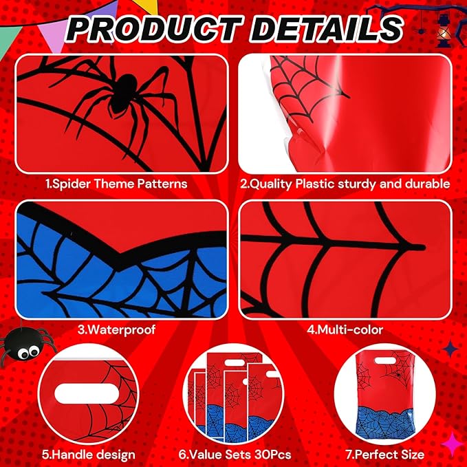 Eccliy 30 Pcs Spider Party Favors Bags Cartoon Candy Gift Bags for Spider Theme Birthday Party Decorations Goodie Supplies