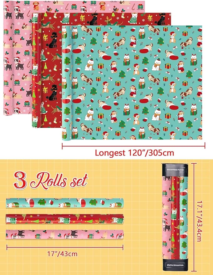 WERNNSAI Dog Christmas Wrapping Paper Rolls - 3 Rolls 17” x 120” Puppy Kids Christmas Wrapping Paper Medium Roll Set Funny Christmas Wrapping Paper Xmas Rolls Party Gift Decoration, for Girls/Boys