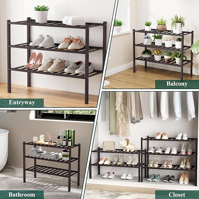 Smiry Long Bamboo Shoe Rack, 2 Tier Free Standing Wooden Shoe Organizer, Stackable Wood Shoe Storage Shelf for Closet, Entryway, 12 Vertical Slats, One-piece Standard Legs, 33.7"x11"x13", Brown
