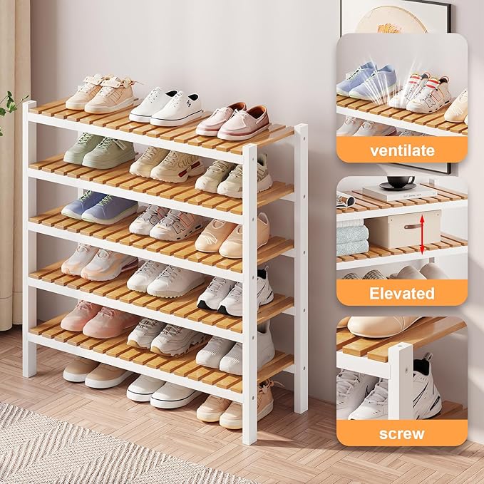 Bamboo Shoe Rack Organizer for Closet and Entryway-Space-Saving Narrow Shoe Stand-Versatile Shoe Holder for Door or Closet Shelf,Garage Bedroom can Freely Stack DIY Small Shoe Racks 2Tier Mixed color