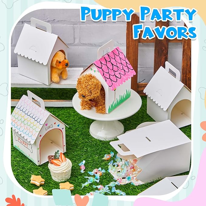 ShinyRelief 24 Pcs Dog Party Favors Boxes Dog House Shaped Treat Gift Boxes with Holes Foldable with Handle for Adopt a Puppy Party Favors Kid DIY Crafting Birthday (House Style)