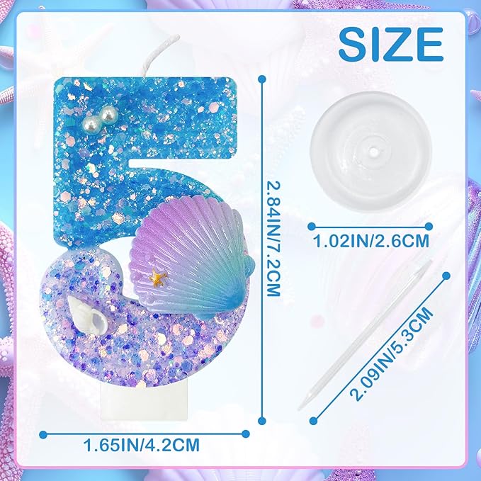 Blue and Purple Birthday Candles, 5th Birthday Cake Decoration, Cupcake Candles，Suitable for Mermaid Theme Party Cake Decoration (5)