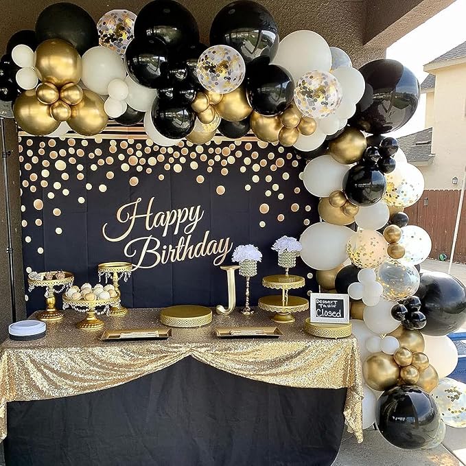 YAOWKY Black and Gold Balloons Arch Garland Kit,124pcs 18 12 10 5 Inch Black White and Gold Black Confetti Balloons for New Years Eve Party, Graduation, Birthday, Wedding, Baby Shower Decorations