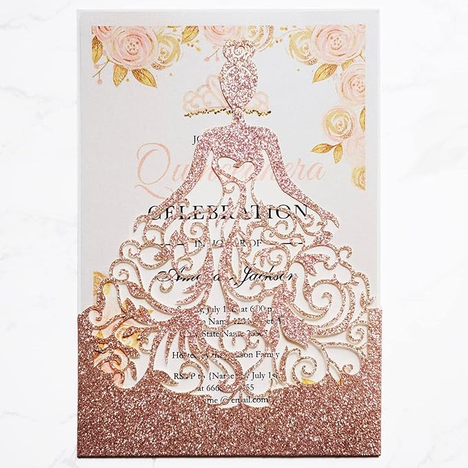 5 x7.3 Inch 20PCS Blank Quinceanera Invitations Kit Laser Cut Hollow Girl Princess Pocket with Envelopes Crown Invitations Cards for Quinceañera Birthday Party Invite (Rose Gold Glitter)