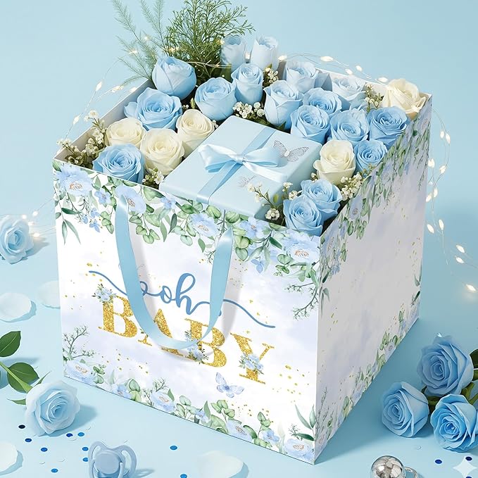 Woosytoo Extra Large Baby Boy Gift Bag, Baby Shower Square Gift Bags Blue Floral Wrapping Paper Bag Oh Baby Jumbo Gift Bags for Boys New Parents Gender Reveal Party Favors