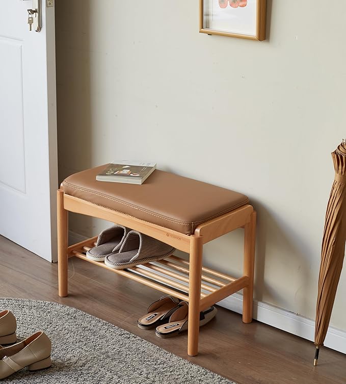 Solid Wood Shoe Bench Assembled, Shoe Rack Bench with Silicone Leather Cushion for Entryway, Living Room, Bedroom, Hallway, 11.8" x 23.6" x 16.5", Natural