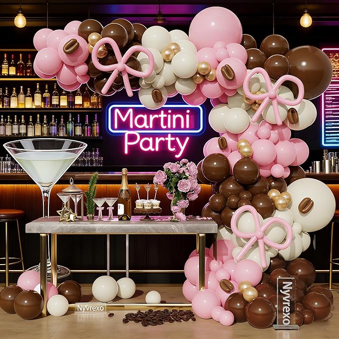 Espresso Martini Birthday Party Decorations, 145Pcs A Tini Bit Older Pink Brown Balloon Garland Arch Kit for Love Is Brewing Girls Women Trendy Martini Bar Bachelorette Bridal Shower