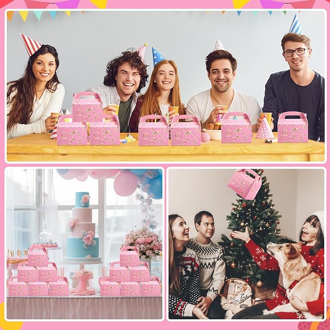 Marspark 24 Pack Pink with Gold Ring Party Favor Treat Boxes with Handles Themed Goodie Candy Gift Boxes for Birthday Party Decoration Video Game Supplies