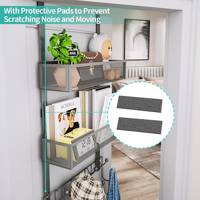 HapiRm Over The Door Hanger with Coat Hooks and 2 Baskets, Rustproof & Waterproof Over The Door Hooks, Storage Organizer for Hats, Bathroom, Kitchen, Bedroom - Grey