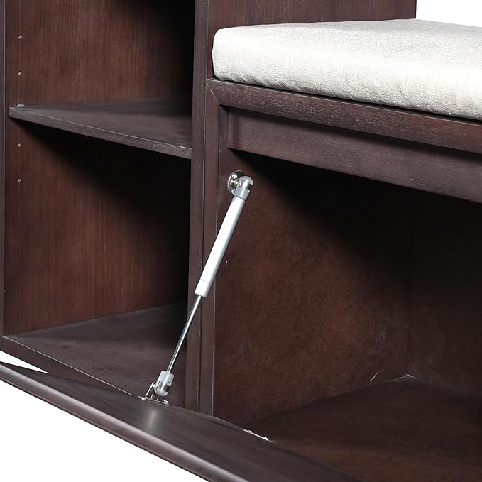 Merax All-in-One Shoe Storage Bench with Cushion & Flip Compartments, Entryway Bench with Drawers and Open Shelves, Solid Wood Storage Bench for Mudroom Hallway Living Room, Espresso