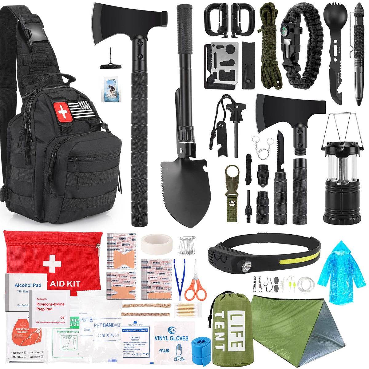 Survival Kit, 268 Pcs Emergency Survival Gear and Equipment Supplies with First Aid Kit, Camping Axe, Headlamp, Crossbody Bag for Camping Hiking, Hunting, Gift for Christmas Men, Dads, Black