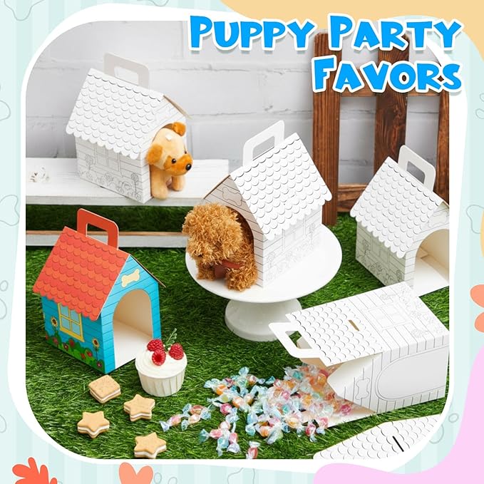 ShinyRelief 16 Pcs Dog Party Favors Boxes Dog House Shaped Treat Gift Boxes with Holes Foldable with Handle for Adopt a Puppy Party Favors Kid DIY Crafting Birthday (Pre-drawn Style)