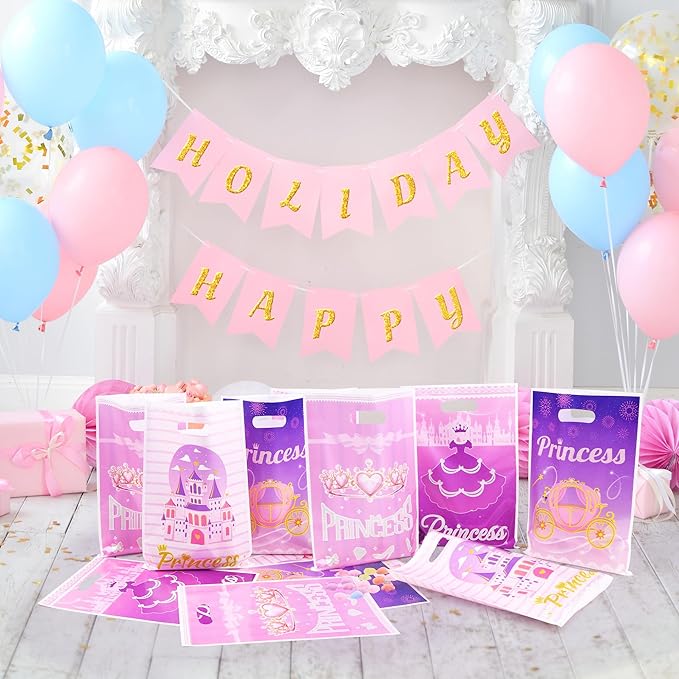 Nuesaurd 100Pcs Princess Party Favor Bags, Plastic Princess Goodie Gift Bags,4 Styles Pink 9.8"x6.7" Castle Candy Treat Bags for Kids Birthday Party Baby Shower Wedding Decorations