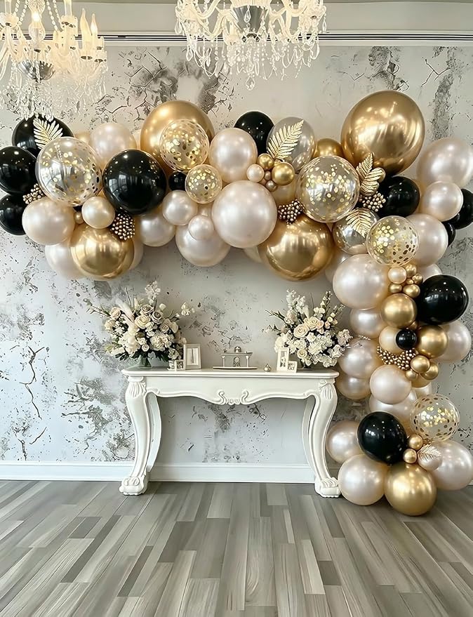 Black Gold White Balloon Arch Garland Kit - Double Stuffed Pearl White Balloons with Black, Gold & Confetti Balloons for Wedding, Bridal Shower, Birthday, Graduation Party Decorations