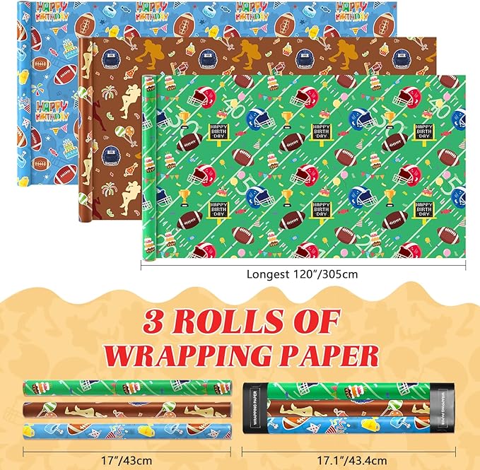 WERNNSAI Football Wrapping Paper Rolls - 3 Short Rolls Sports Gift Wrap Paper Kids for Kids Birthday Party Gift Packing Supply Green Brown Blue Wrapping Paper with Cut Lines 17 in x 10 ft