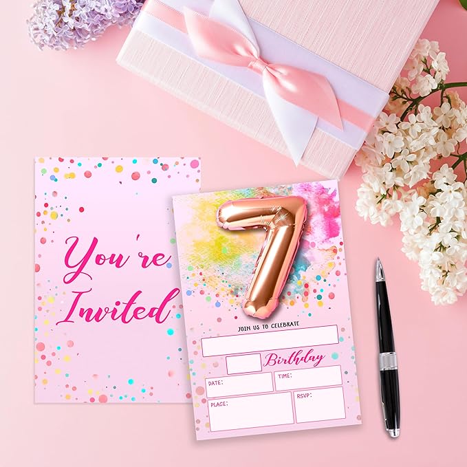 Rose Pink Balloon Birthday Invitations, 7th Surprise Birthday Party Invitations Cards with Envelopes, Confetti Polka Dot Fill-in Invites, 7th Pink Birthday Decorations for Girls -03