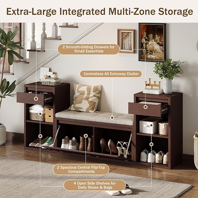 Merax All-in-One Shoe Storage Bench with Cushion & Flip Compartments, Entryway Bench with Drawers and Open Shelves, Solid Wood Storage Bench for Mudroom Hallway Living Room, Espresso