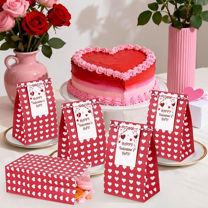Fowecelt 24Pcs Valentines Day Gift Bags for Kids Red Party Favors Bags Goodie Snack Candy Paper Treat Bag with Cards for Valentines Party Favors Student Sclool Classroom Parties Decoration