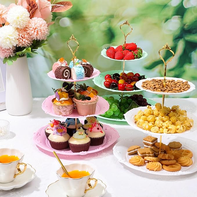 6 Sets Tea Party Decorations of 3 Tier Plastic Cupcake Stand Dessert Plates Cake Fruit Candy Display Tower for Wedding Birthday Baby Shower Tea Party Decorations(Round)