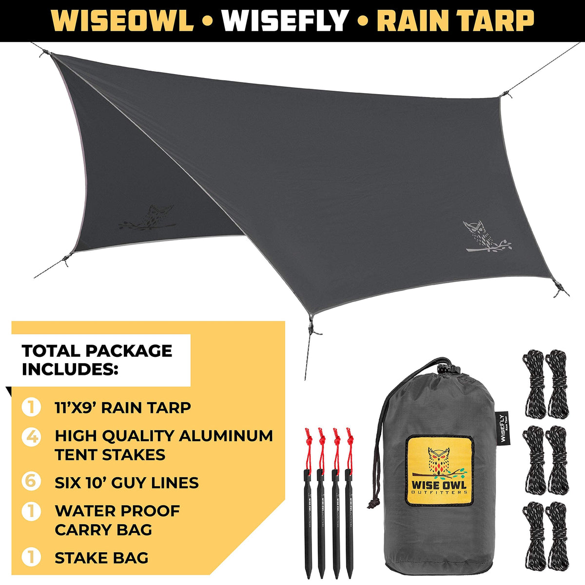Wise Owl Outfitters Hammock Rain Fly – Waterproof Camping Tarp Cover with Tent Stakes & Carry Bag, Ultralight Shelter for Backpacking & Outdoor Shade