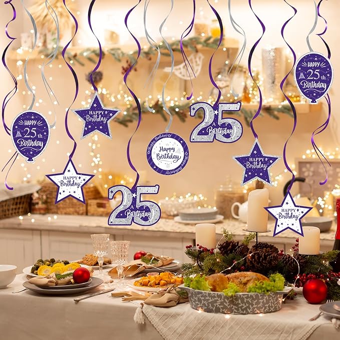 Happy 25th Birthday Purple & Silver Glitter Swirls Streamers Party Decorations - 15 Pcs 25th Birthday Hanging Swirls Streamers Kit,Perfect for 25th Bday Party Sign.