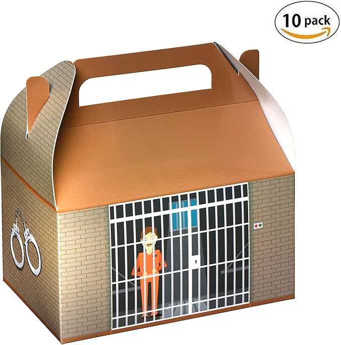 Hammont Paper Treat Boxes - (10 Pack) - Party Favors Treat Container Cookie Boxes Cute Designs Perfect for Parties and Celebrations 6.25" x 3.75" x 3.5" (Prison)