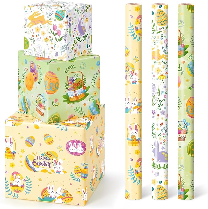 WERNNSAI Easter Wrapping Paper Roll - 3 Roll 17” x 120” Easter Gift Wrapping Paper for Kids Easter Bunny Wrapping Paper Yellow Green Easter Eggs Wrapping Paper Easter Decor Baby Wrap Festival Supply