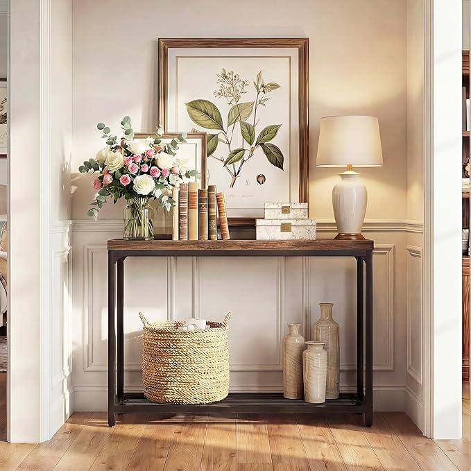 Besiost 32" Small Console Table with 2-Tier Storage, Industrial Narrow Entryway Table, Sofa Table Behind Couch for Hallway, Foyer & Living Room, Sturdy Metal Frame, Rustic Brown