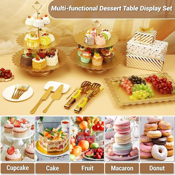 Cupcake Stand Set, Dessert Table Display Set Gold Metal Cake Stands with Tiered Tray Stands Cake Platter Cake Knife and Server Set for Party, Candy Table Display Set for Wedding Birthday Baby Shower