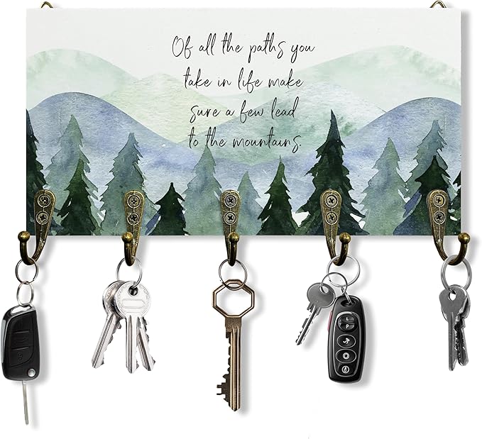 Rustic Cabin Mountain Decor Key Holder for Wall 10"x5.12", Mountain House Key Hanger Wall Mount, Of All the Paths You Take in Life Camp Wooden Hanging Keys Holder Decor for Entryway Front Door