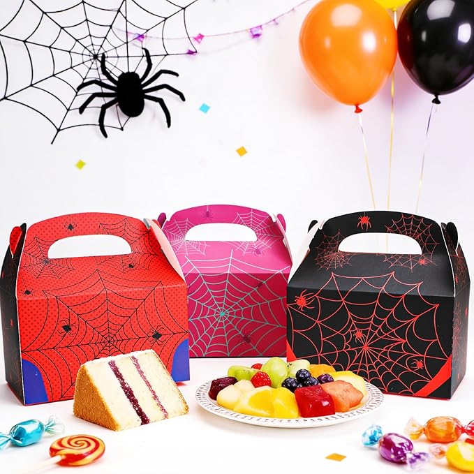 Beehaam 24 Pack Spider Party Favor Treat Boxes, Spider Web Theme Gable Gift Bags | Large Candy Goodie Cake Snack Paper Bags for Happy Birthday Baby Shower Party Decorations Supplies