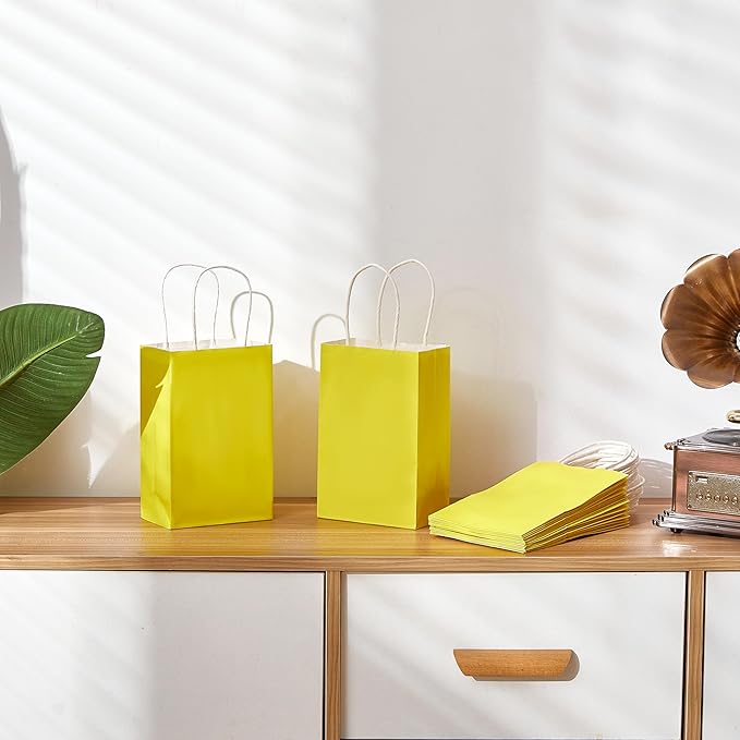 SUNCOLOR 12-Pack Yellow Gift Bags with Handles, 8 Inch Recyclable Paper Goodie Bags for Party Favors, Easter, Birthdays, Baby Showers