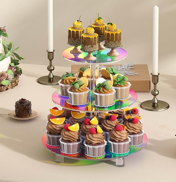 3 Tier Iridescent Acrylic Cupcake Stand, Round Dessert Display Tower for Baby Shower, Birthday Party, Tea Party and Wedding