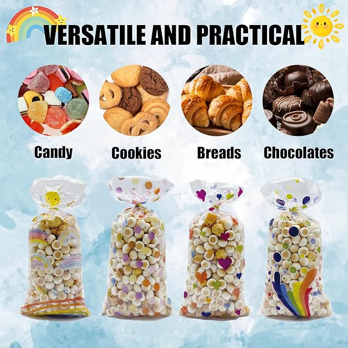 EatnMgan 200Pcs Rainbow Cellophane Treat Bags,Cellophane Bags,Party Favors Bags Cellophane Treat,Goodie Candy with 220Pcs Twist Ties for Candy Cookie Birthday Classroom Weddings Anniversary Baby Shower Supplies