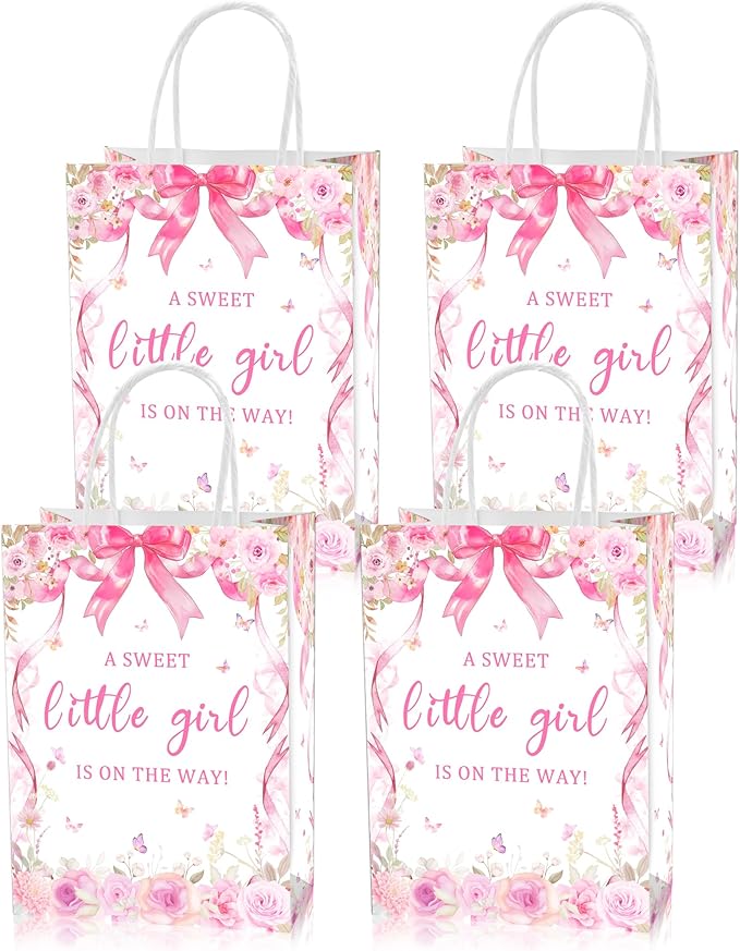 16 Pcs A Sweet Little Girl is on The Way Baby Shower Goodie Bag,Pink Bow Girls Gift Snacks Treat Candy Party Favors Bags for Pink Floral Theme Baby Shower Gender Reveal Party Decorations Supplies