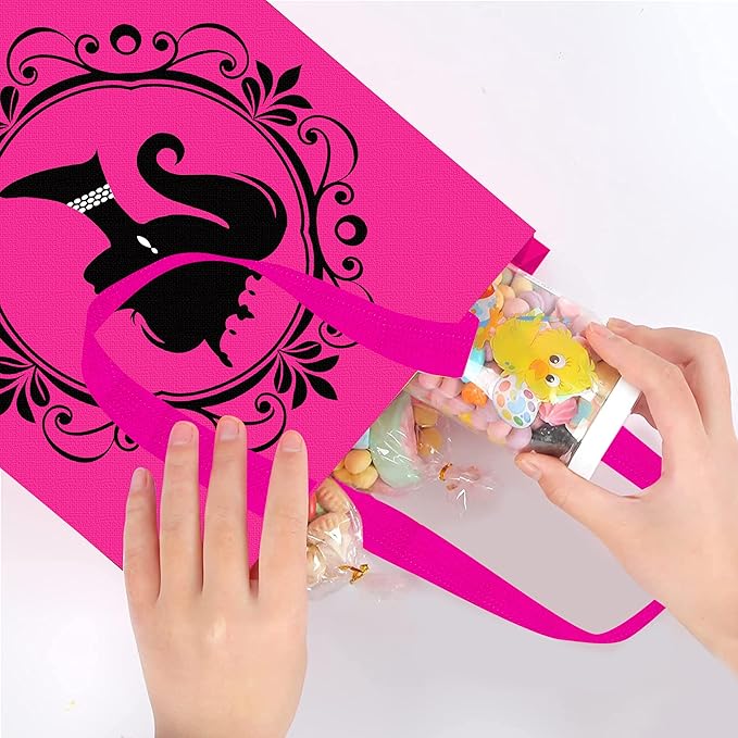 C L cooper life 12pcs Hot Pink Girl Party Gift Treat Bags with Handles Pink Girl Grocery Shopping Bag Princess Theme Non-Woven Bags for Girls Birthday Party Ladies Bachelorette Party Supplies