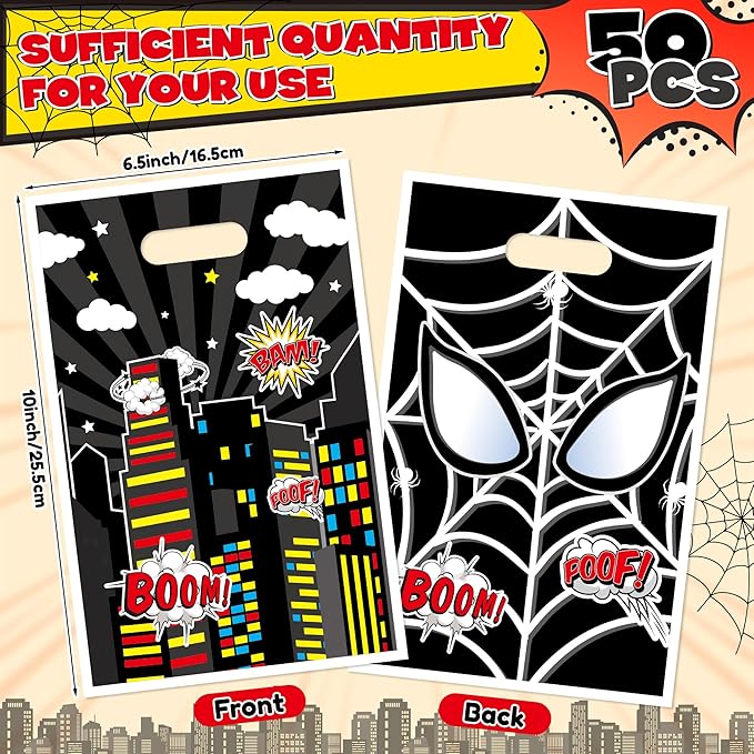 Black Spider Party Favor Bags - 50PCS Black Spider Party Gift Bags for Kids Plastic Goodies Bag with Handles for Spider Theme Parties Supplies Baby Show Birthday Parties Treat Candy Bag