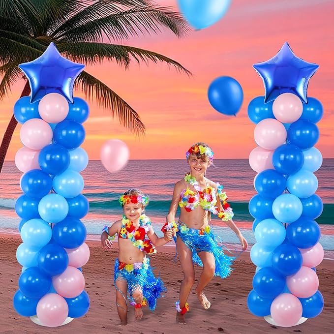 Seematn 2 Sets Pastel Blue and Pink Balloon Column Stand Kit with 2 Cartoon Star Balloons 105 Latex Balloons, Adjustable Balloon Stands for Hawaii Gender Reveal Baby shower Birthday Decor(Classic)