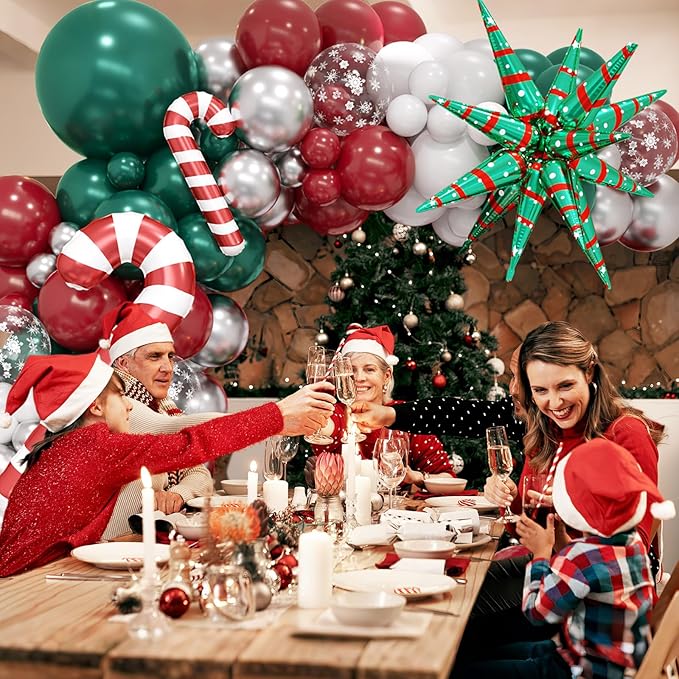 FunHot Christmas Balloon Arch Kit, Xmas Green Red Balloon Garland, Retro Green Dark Red Metallic Silver Confetti Latex Balloons with Candy Cane Xmas Star Foil Balloons for Christmas Party Decorations