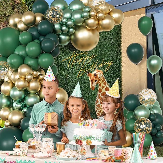147pcs Green Balloon Garland Arch Kit, Dark Emerald Green and Gold Balloons for Wild One Jungle Birthday Graduation Safari Baby Shower Decorations