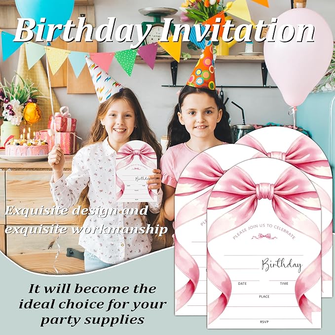 Pink Bow Birthday Party Invitations, Pink Ribbon Bow Party Invitations for Girls, 20 Fill-In invites with Envelopes, Birthday Party Favor & Decoration (arch)